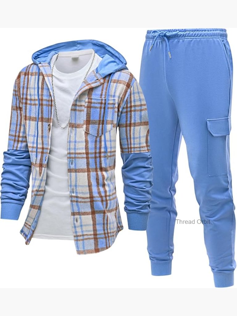 Men's 2 Piece Flannel Plaid Sweatsuit Set Hooded Shacket & Joggers